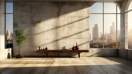Interior of empty open space room in modern urban building for office or loft studio. Concrete walls and floor, home decor. Floor-to-ceiling windows with city view. Mockup, 3D rendering.