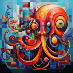 Oil painting of creative cubism and colorful octopus.