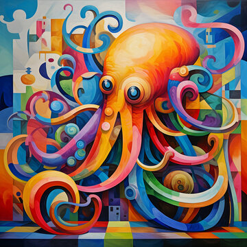 Oil painting of creative cubism and colorful octopus.