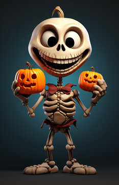 Funny skeleton with pumpkins. Halloween concept. 