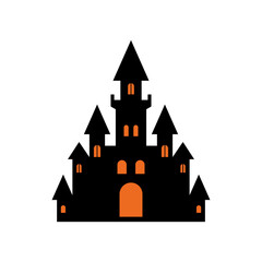 Halloween horror black castle with orange light window and door icon vector flat illustration