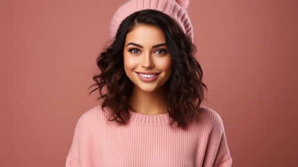Fototapeta premium Happy young woman wearing pink sweater on pink background