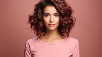 Fototapeta premium Happy young woman wearing pink sweater on pink background
