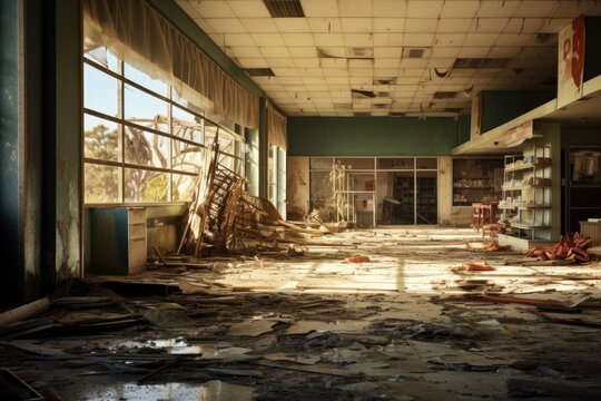 A room with a bunch of debris on the floor. Imaginary illustration of abandoned store.