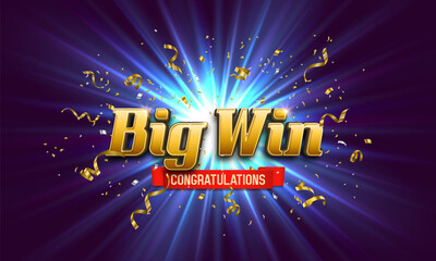 Shining sign Big Win with confetti on bright background. Vector illustration.