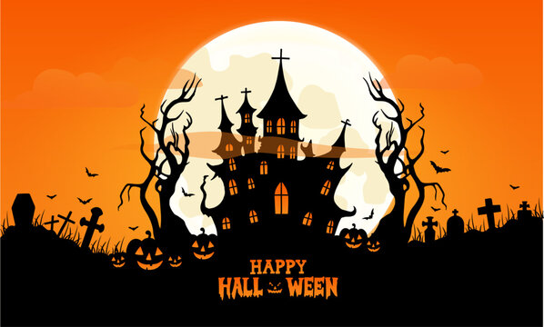 Happy Halloween. City panorama in halloween style. Scary halloween isolated background. Orange and yellow background. Vector illustration.