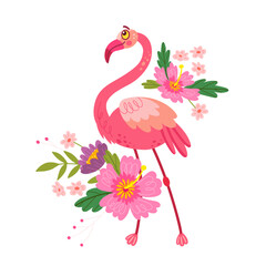 Exotic tropical birds, pink flamingos, flowers and leaves, . Stylish floral print vector illustration poster.