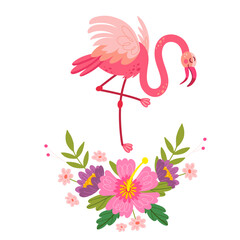Exotic tropical birds, pink flamingos, flowers and leaves, . Stylish floral print vector illustration poster. - 645323640