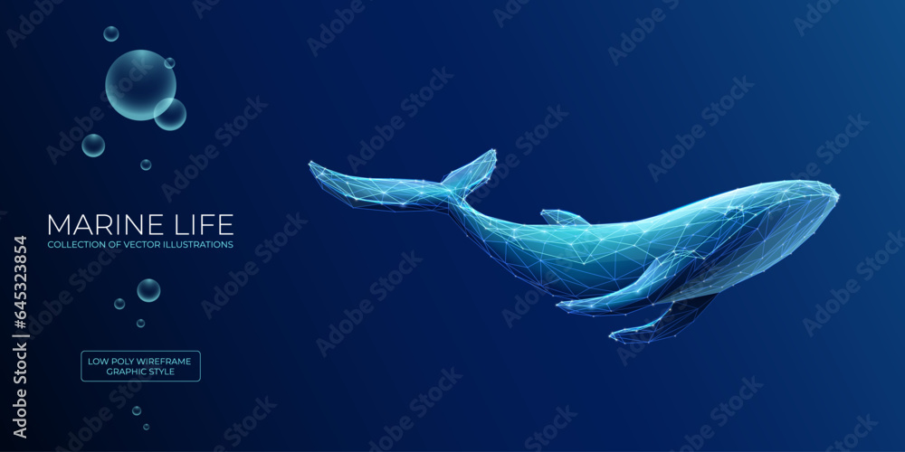 Leinwandbilder abstract blue whale underwater in polygons on a technology blue background. low poly wireframe marin