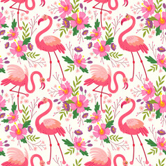 Exotic tropical pattern with birds, pink flamingos, flowers and leaves. Stylish floral print vector illustration poster. On white background. - 645323844