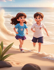 happy children have fun running on sand beach funny kid character recreation boy and girl