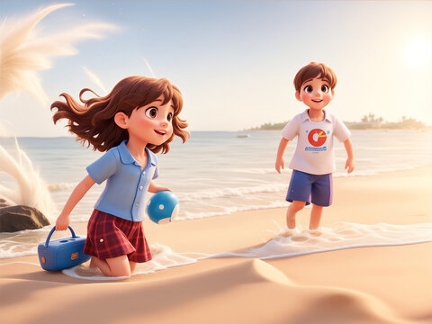 happy children have fun running on sand beach funny kid character recreation boy and girl