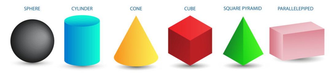 Set of 3d geometric shapes. Isometric views of sphere, cylinder, cone, cube, pyramid and parallelepiped. Vector illustration isolated on white background.