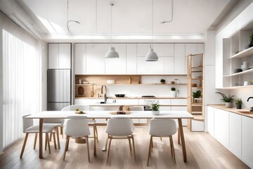 New large modern well designed white kitchen and dining room interior after renovation in studio apartment - obrazy, fototapety, plakaty