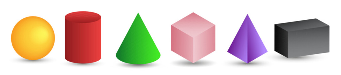 Set of 3d geometric shapes. Isometric views of sphere, cylinder, cone, cube, pyramid and parallelepiped. Vector illustration isolated on white background.