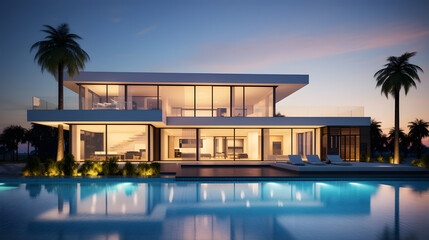 Sunset Over Modern Cubic Villa with Pool