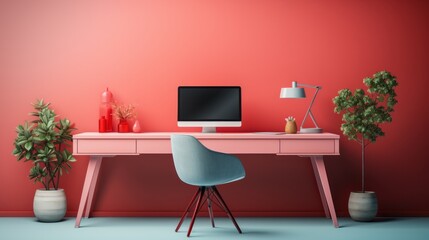 Stylish minimalist monochrome interior of modern office room in pastel carmine red and pink tones. Large desktop with computer and table lamp, chair, plants in pots. Mockup, 3D rendering.