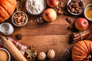 Autumn baking background with pumpkins, apples and nuts - obrazy, fototapety, plakaty