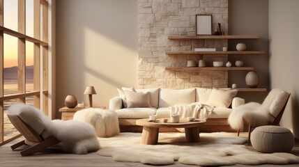 A minimal, relaxed space with earthy tones and a club armchair.