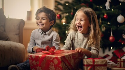 Fototapeta na wymiar Children opening their Christmas presents, capturing genuine joy and excitement