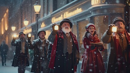 Fototapeta premium Carol singers in a snowy street, showcasing traditional festive activities