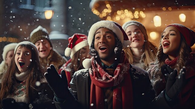 Carol singers in a snowy street, showcasing traditional festive activities
