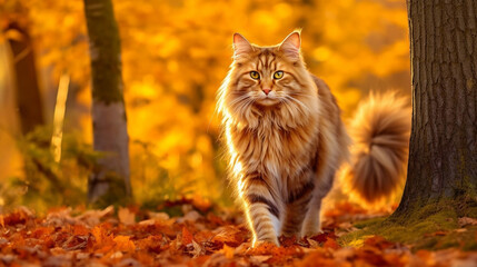 Naklejka na ściany i meble A spirited red-haired Maine Coone Cat, caught in a playful leap over a carpet of vibrant autumn leaves.