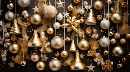 Fototapeta na wymiar Golden bells and Christmas baubles arranged in a festive flat lay composition