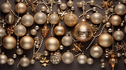 Golden bells and Christmas baubles arranged in a festive flat lay composition