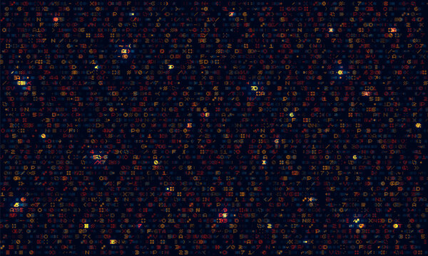 Programming computer code. Digital background constructed with different symbols. Abstract visualization of coding. Vector illustration.