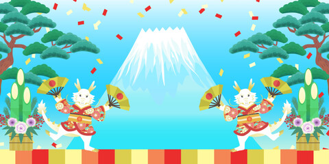 2024年 謹賀新年 バナー 辰 ベクター テンプレート ( 背景イラスト,ポスター,フレーム,和風,富士山,松,門松,1:2,コピースペース)