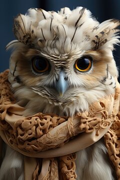 A close up of an owl wearing a scarf. Fiction, made with AI.