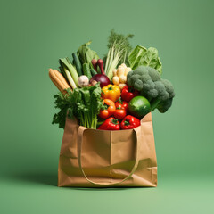 Big paper grocery eco bag full of vegetables tomatoes, pepper, broccoli, salad. Fresh goods at farmer's market concept