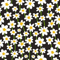 Baby doll ditsy seamless pattern. Flowers summer trend. Vector design. White daisies on black background - 645327076