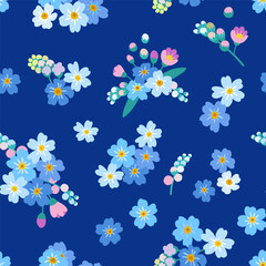 Baby doll ditsy seamless pattern. Flowers summer trend. Vector design. Pretty Blue Flowers Forget-Me-Nots - 645327441