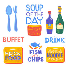 Cafe Logo Design Illustration. Food menu template with lettering, drink, bottle. Vector set. Soup of the day, buffet. - 645328074