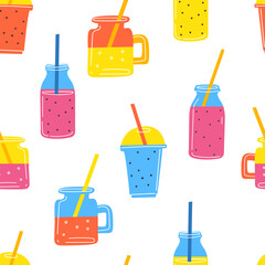 Smoothies bar seamless pattern. Illustration in flat style with drinks and fruit. Drink menu design for bar. Summer design. Detox. - 645328448