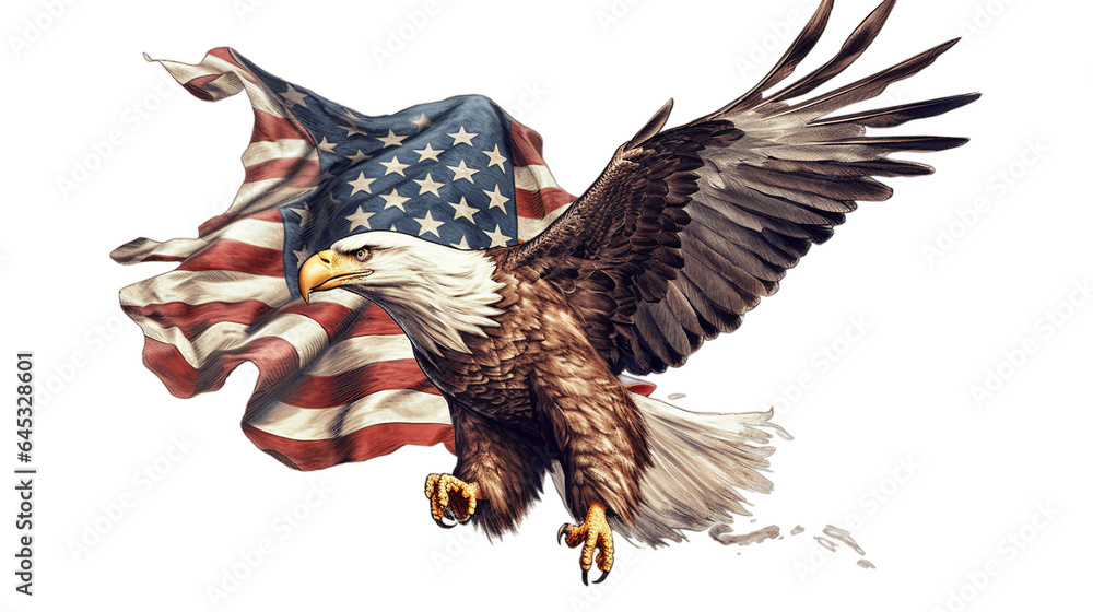 Wall mural bald eagle with america flag in background, transparent background, generative ai