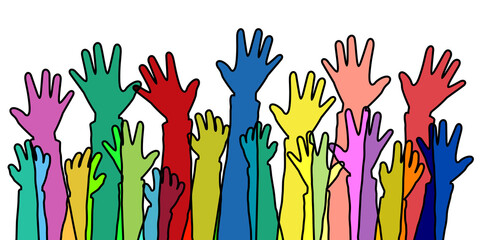 colorful hands raising up. Illustration with different skincolors