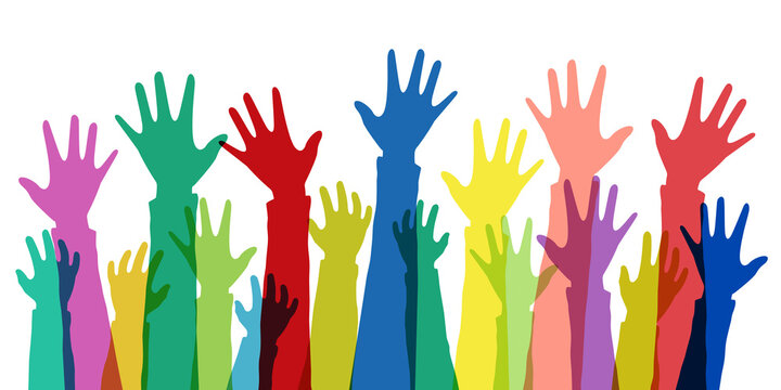 colorful hands raising up. Illustration with different skincolors