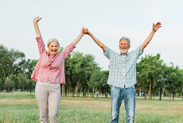Fototapeta premium woman man senior couple happy retirement together elderly active freedom vitality bonding park outdoor leisure park fun smiling love old nature wife happiness mature