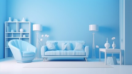 Stylish minimalist interior of modern cozy living room in white and pastel blue tones. Trendy couch and armchair, coffee table, floor lamps, many creative design details. Mockup, 3D rendering.