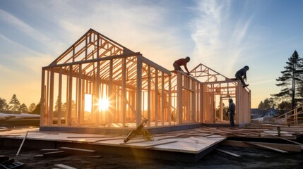 builders at a construction site during sunset