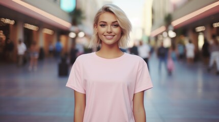 woman in a pink t shirt in a mall, day light