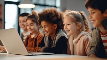group of diverse childrens in classroom look at laptop