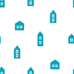 Seamless pattern with blue tiny house