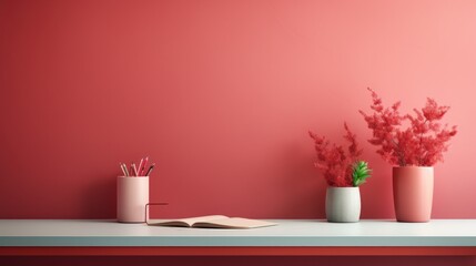 Stylish minimalist monochrome interior of modern office room in pastel carmine red and pink tones. Large desktop with office tools, notebook and decorative vases. Mockup, 3D rendering.
