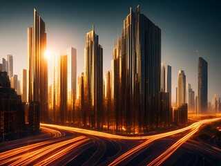 Fototapeta na wymiar gold city, gold building, future city Cinematic Daylight generative ai illustration art