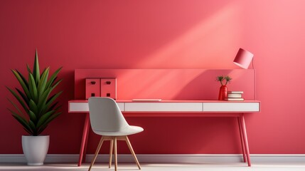 Stylish minimalist monochrome interior of modern office room in pastel carmine red and pink tones. Large desktop, office tools, plant in floor pot, office chair. Mockup, 3D rendering.
