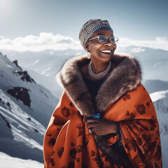 senior black lady on top of mountain enjoying winter vacation - 645330405